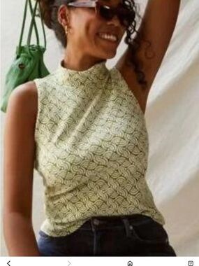 Maeve Anthropologie Sleeveless Mock Neck Printed Tank Top Cream medium NWOT 70s